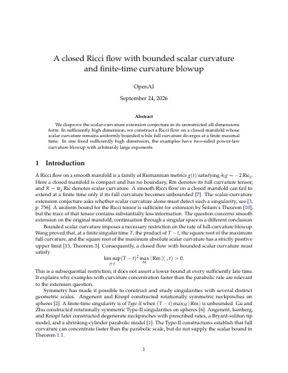 First page of A closed Ricci flow with bounded scalar curvature and finite-time curvature blowup
