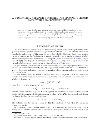 First page of A conditional abelianity theorem for special fourfold pairs with a half-weight divisor
