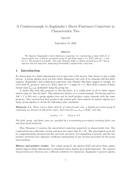 First page of A Counterexample to Kaplansky's Direct-Finiteness Conjecture in Characteristic Two