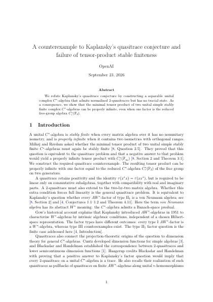 First page of A counterexample to Kaplansky's quasitrace conjecture and failure of tensor-product stable finiteness