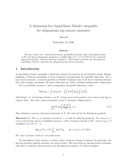 First page of A dimension-free logarithmic Sobolev inequality for subgaussian log-concave measures