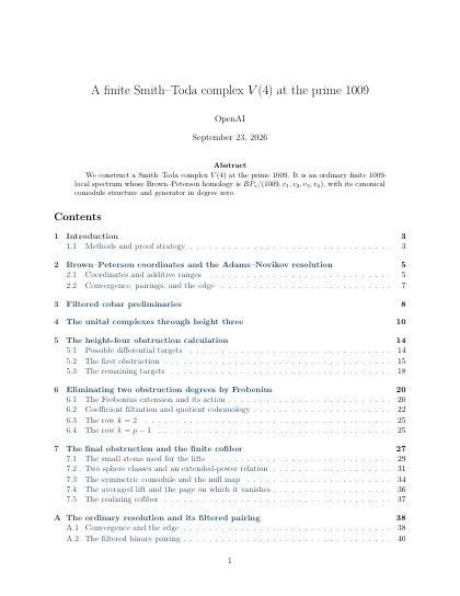 First page of A finite Smith–Toda complex V(4) at the prime 1009