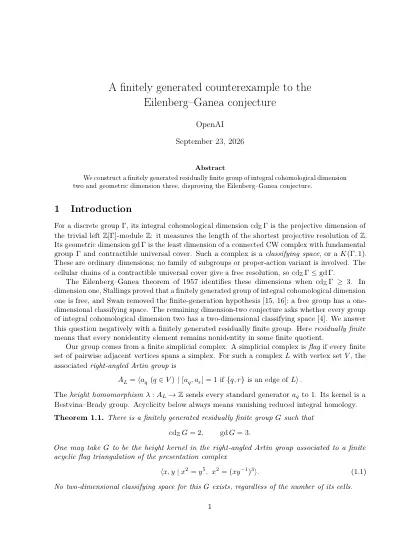First page of A finitely generated counterexample to the Eilenberg–Ganea conjecture