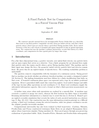 First page of A Fixed Particle Test for Computation in a Forced Viscous Flow