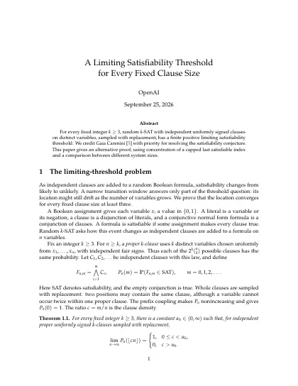 First page of A Limiting Satisfiability Threshold for Every Fixed Clause Size