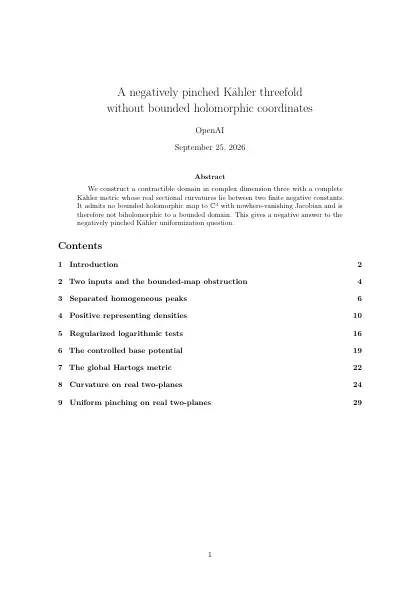First page of A negatively pinched Kähler threefold without bounded holomorphic coordinates