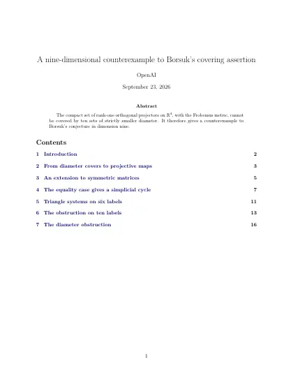 First page of A nine-dimensional counterexample to Borsuk's covering assertion