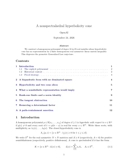 First page of A nonspectrahedral hyperbolicity cone