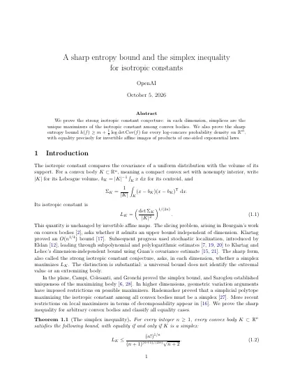 First page of A sharp entropy bound and the simplex inequality for isotropic constants