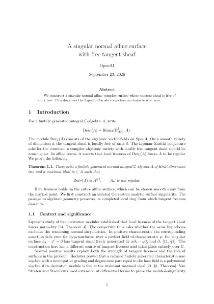 First page of A singular normal affine surface with free tangent sheaf