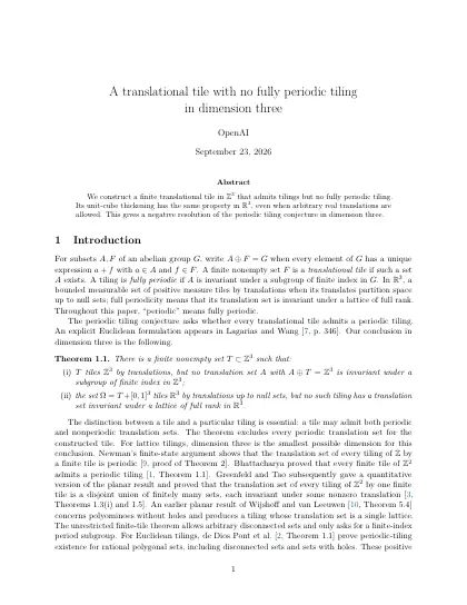First page of A translational tile with no fully periodic tiling in dimension three
