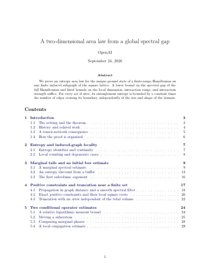First page of A two-dimensional area law from a global spectral gap