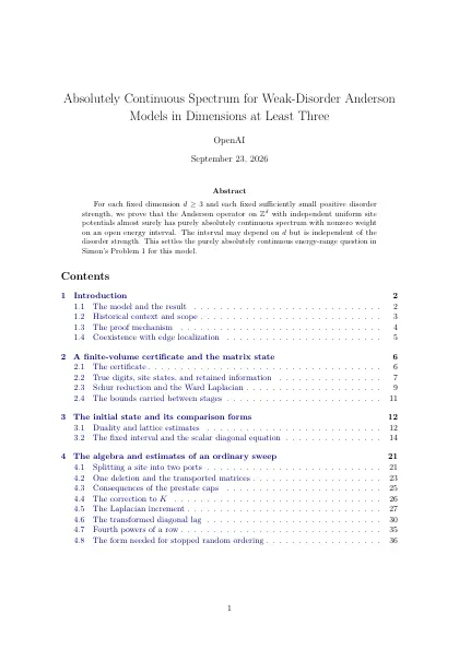 First page of Absolutely Continuous Spectrum for Weak-Disorder Anderson Models in Dimensions at Least Three