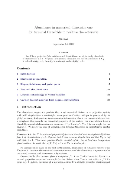 First page of Abundance in numerical dimension one for terminal threefolds in positive characteristic