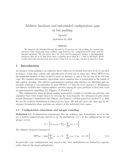 First page of Additive hardness and unbounded configuration gaps in bin packing