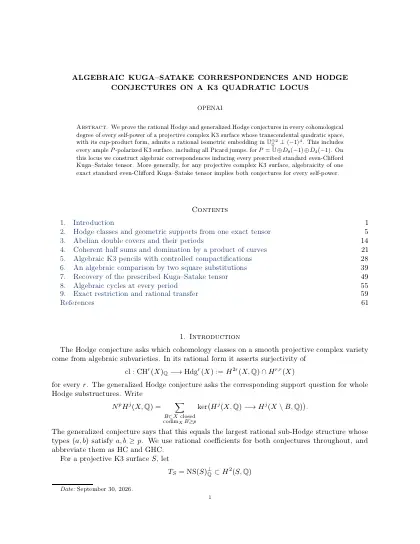 First page of Algebraic Kuga–Satake correspondences and Hodge conjectures on a K3 quadratic locus