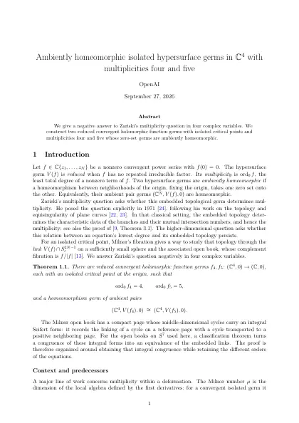 First page of Ambiently homeomorphic isolated hypersurface germs in ℂ⁴ with multiplicities four and five