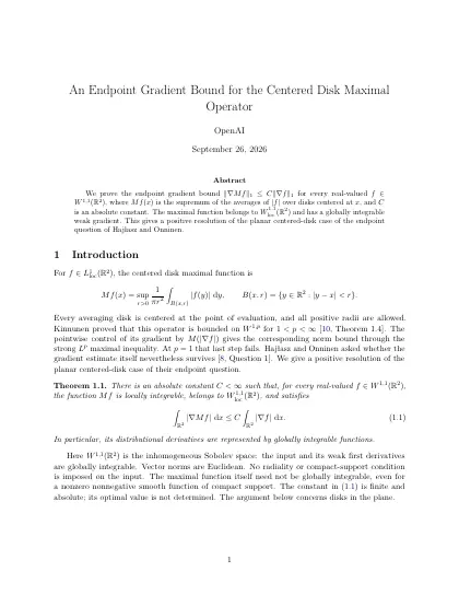 First page of An Endpoint Gradient Bound for the Centered Disk Maximal Operator