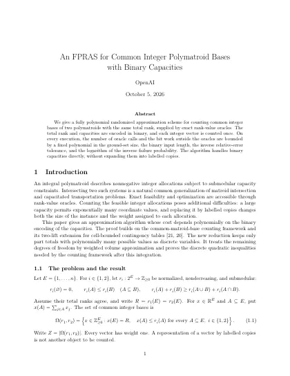 First page of An FPRAS for Common Integer Polymatroid Bases with Binary Capacities