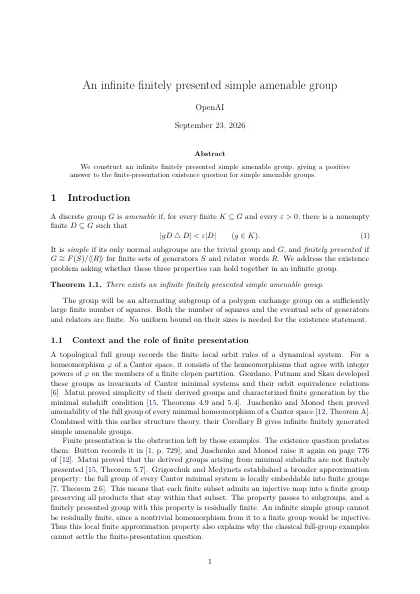 First page of An infinite finitely presented simple amenable group