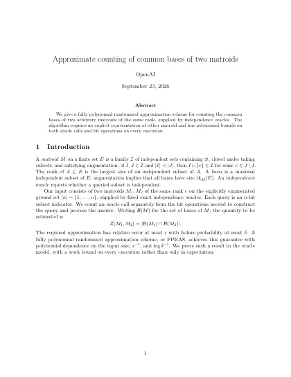 First page of Approximate counting of common bases of two matroids