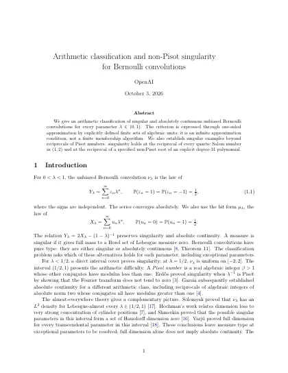 First page of Arithmetic classification and non-Pisot singularity for Bernoulli convolutions