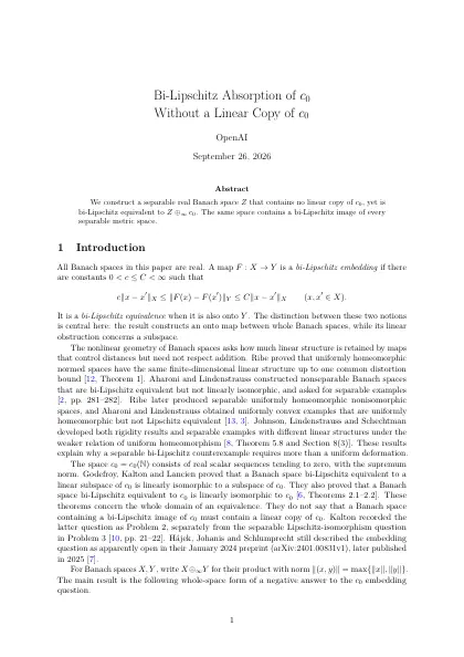 First page of Bi-Lipschitz Absorption of c0 Without a Linear Copy of c0