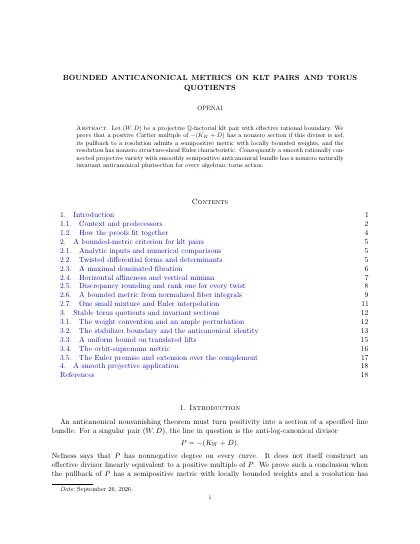 First page of Bounded anticanonical metrics on klt pairs and torus quotients