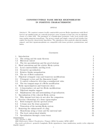 First page of Constructible tame Hecke eigensheaves in positive characteristic