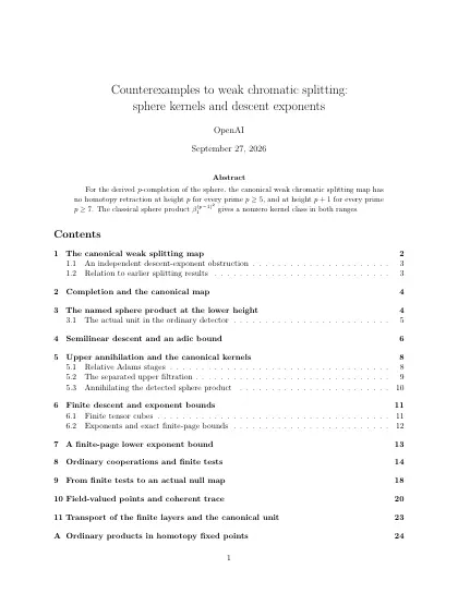 First page of Counterexamples to weak chromatic splitting: sphere kernels and descent exponents