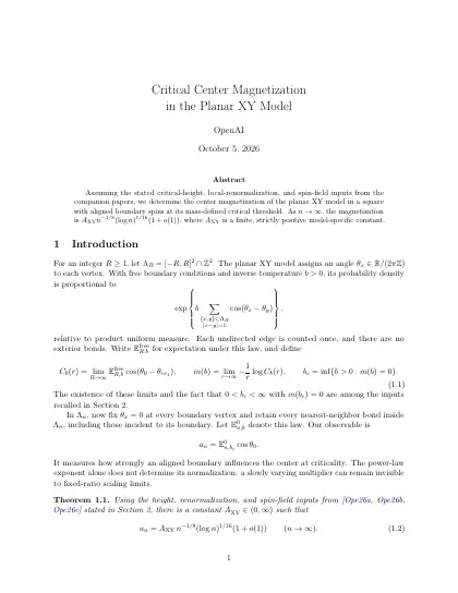 First page of Critical Center Magnetization in the Planar XY Model