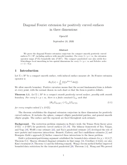 First page of Diagonal Fourier extension for positively curved surfaces in three dimensions