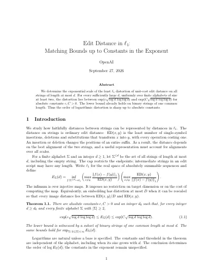 First page of Edit Distance in l1: Matching Bounds up to Constants in the Exponent
