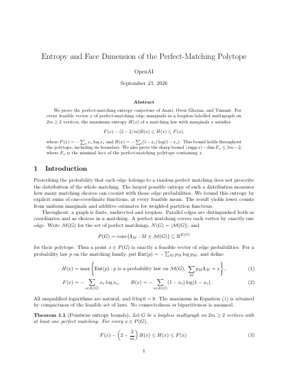 First page of Entropy and Face Dimension of the Perfect-Matching Polytope