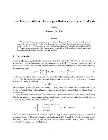 First page of Exact Fourier certificates for complex Hadamard matrices of order six