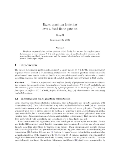 First page of Exact quantum factoring over a fixed finite gate set