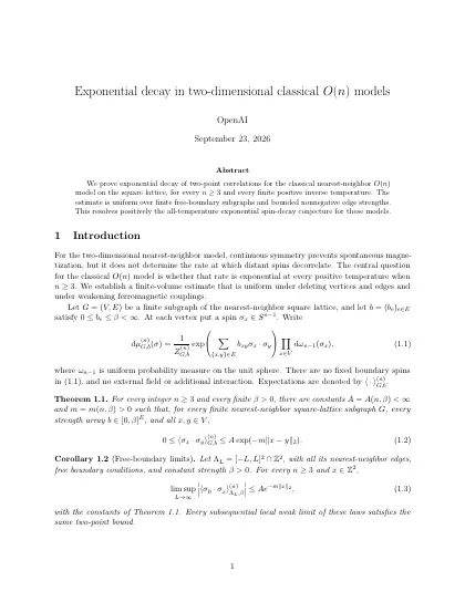 First page of Exponential decay in two-dimensional classical O(n) models