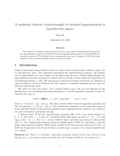 First page of A uniformly discrete counterexample to bounded approximation in Lipschitz-free spaces