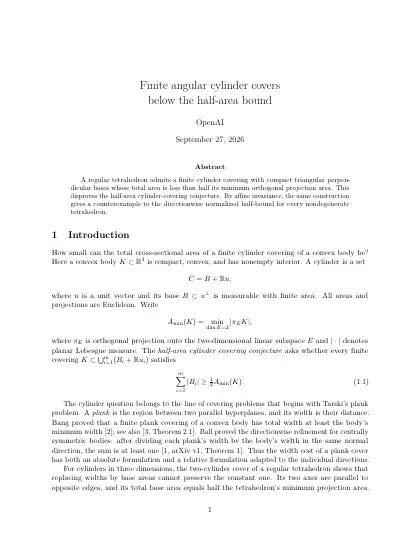 First page of Finite angular cylinder covers below the half-area bound