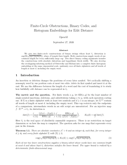 First page of Finite-Circle Obstructions, Binary Codes, and Histogram Embeddings for Edit Distance