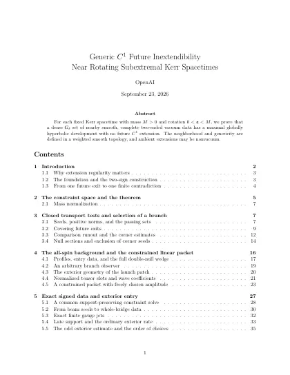 First page of Generic C1 Future Inextendibility Near Rotating Subextremal Kerr Spacetimes