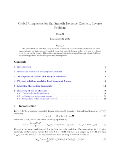 First page of Global Uniqueness for the Smooth Isotropic Elasticity Inverse Problem
