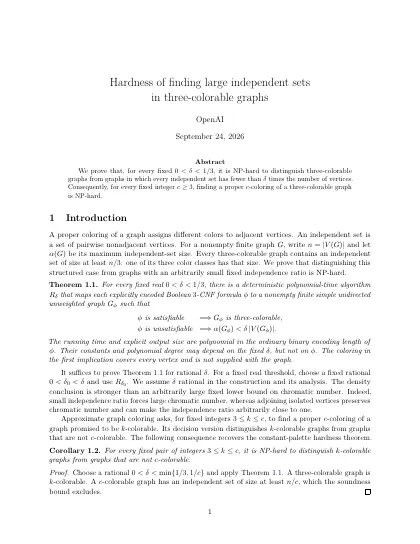First page of Hardness of finding large independent sets in three-colorable graphs