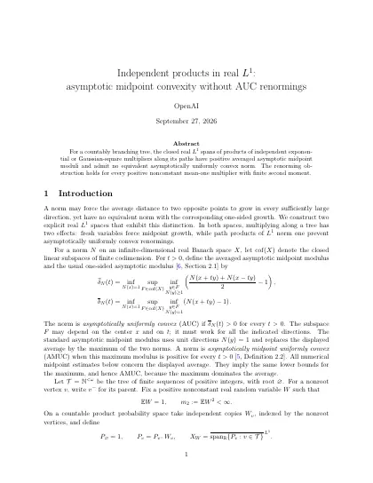 First page of Independent products in real L1: asymptotic midpoint convexity without AUC renormings