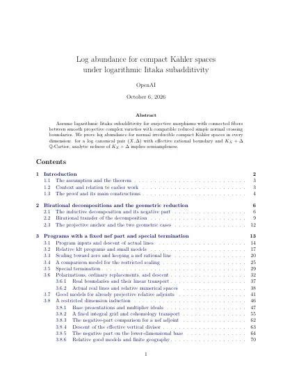 First page of Log abundance for compact Kähler spaces under logarithmic Iitaka subadditivity
