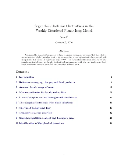 First page of Logarithmic Relative Fluctuations in the Weakly Disordered Planar Ising Model