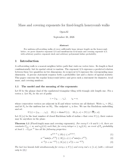 First page of Mass and covering exponents for fixed-length honeycomb walks