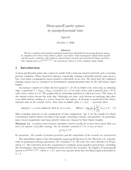 First page of Mean-payoff parity games in quasipolynomial time