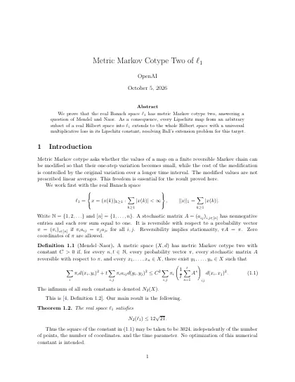 First page of Metric Markov Cotype Two of <i>ℓ</i><sub>1</sub> 