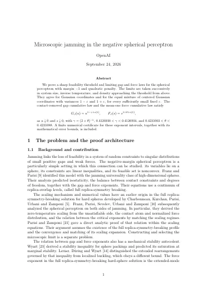 First page of Microscopic jamming in the negative spherical perceptron